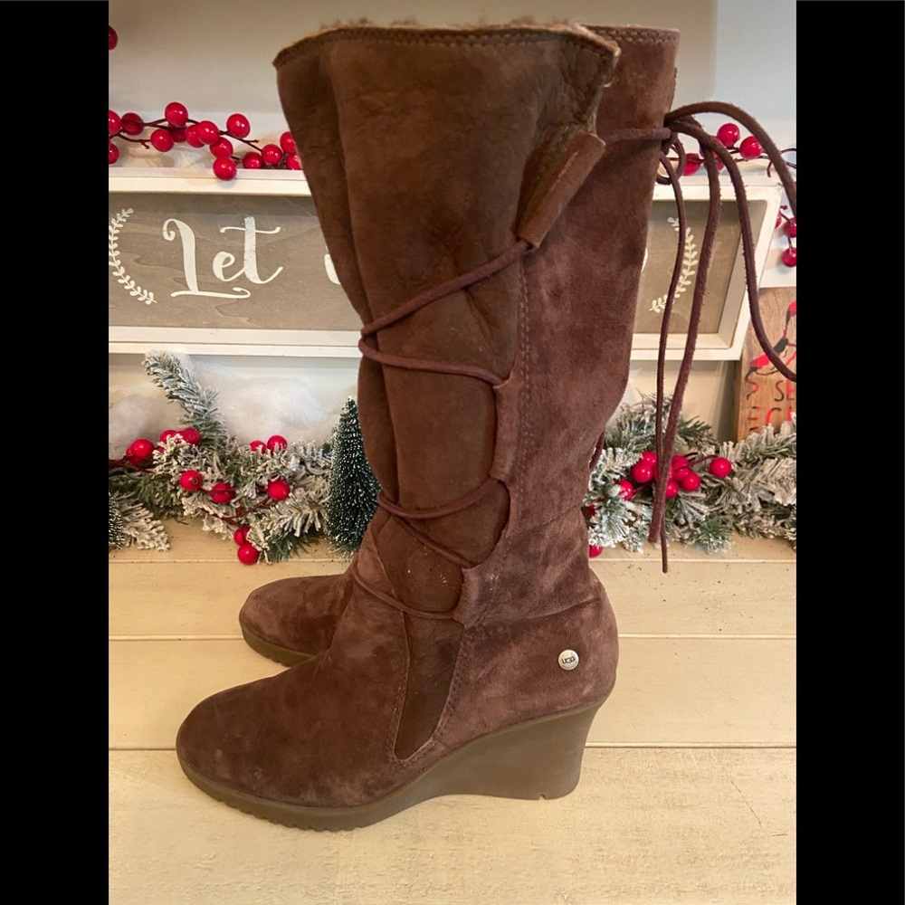 Authentic Ugg brown Suede tall wedge boot size  7